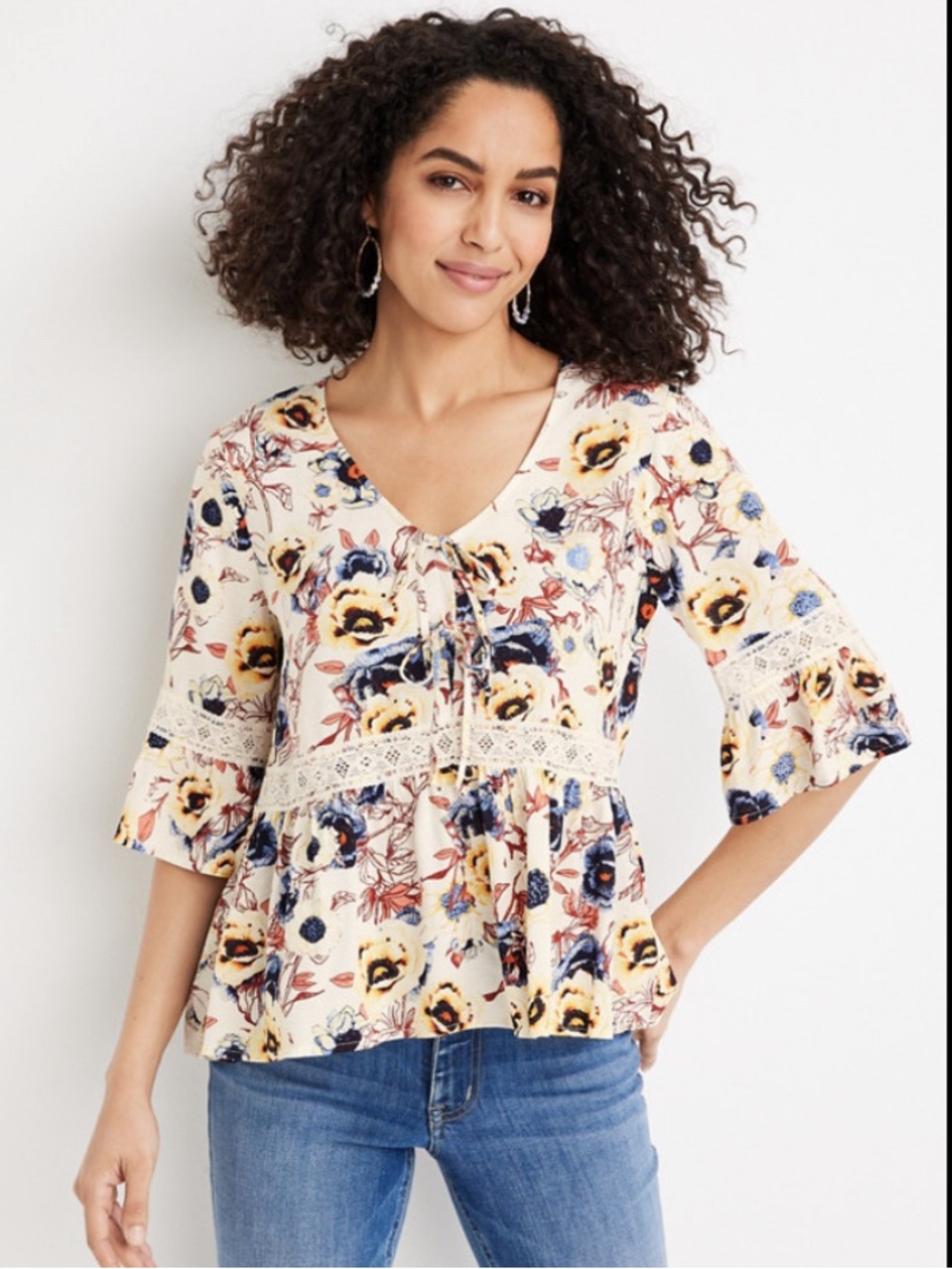 Maurices White Floral Tie Front Crochet Top Size Medium